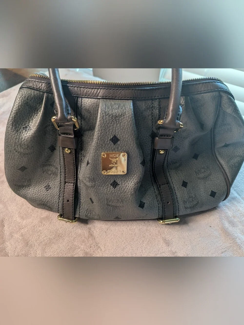 MCM Gray/Chocolate Visetos Leather Shoulder Bag with Gold Plaque